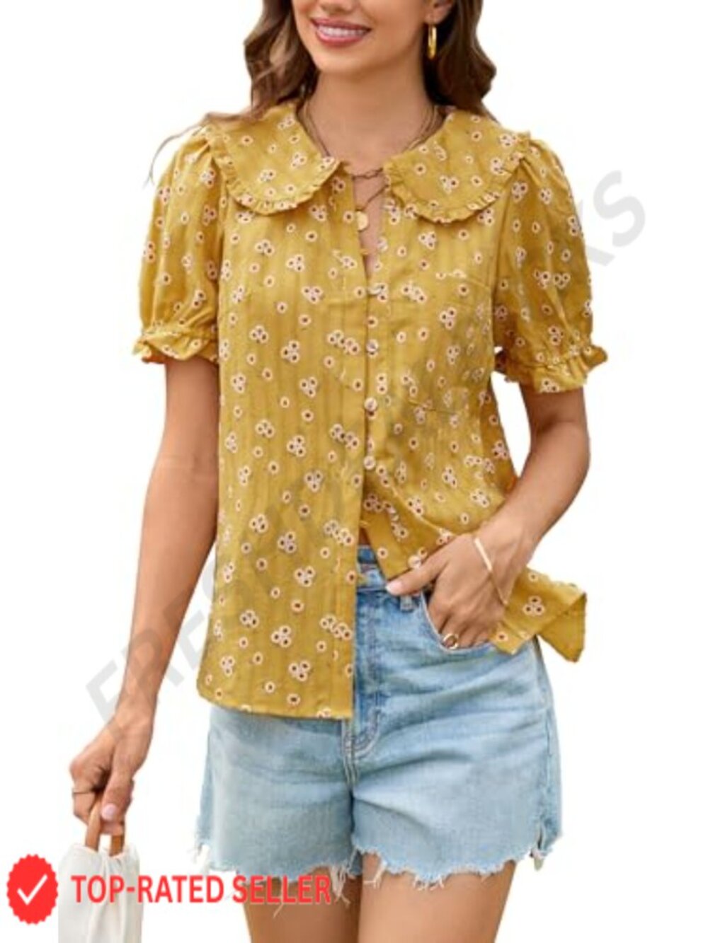 Women's Button Down Shirt Peter Pan Collar Frilled Short Sleeve Cotton Blouse
